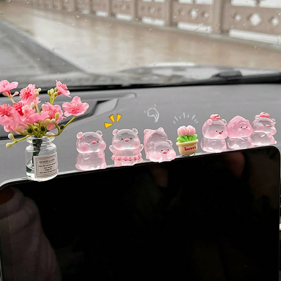 1/6/7/8pcs Cute Pig Car Decor, Adorable Cartoon Animal Resin Figurines, Stress Relief Healing Style, Dashboard, Rearview Mirror, Desktop Ornaments, Pink Women's Car Accessories, Garden Pot Decor, Holi