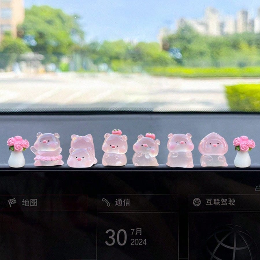1/6/7/8pcs Cute Pig Car Decor, Adorable Cartoon Animal Resin Figurines, Stress Relief Healing Style, Dashboard, Rearview Mirror, Desktop Ornaments, Pink Women's Car Accessories, Garden Pot Decor, Holi