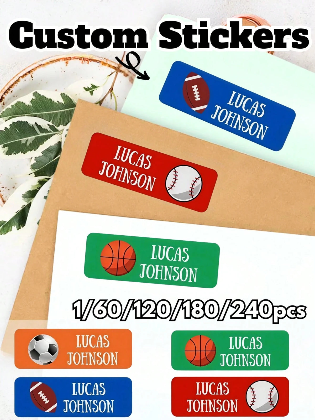 1/60/120/180/240PCS Back To School| Custom Name Stickers/Labels,Basketball/Soccer/Baseball/Bowling Supply,Sports Name Sticker,Pencils, Water Bottles