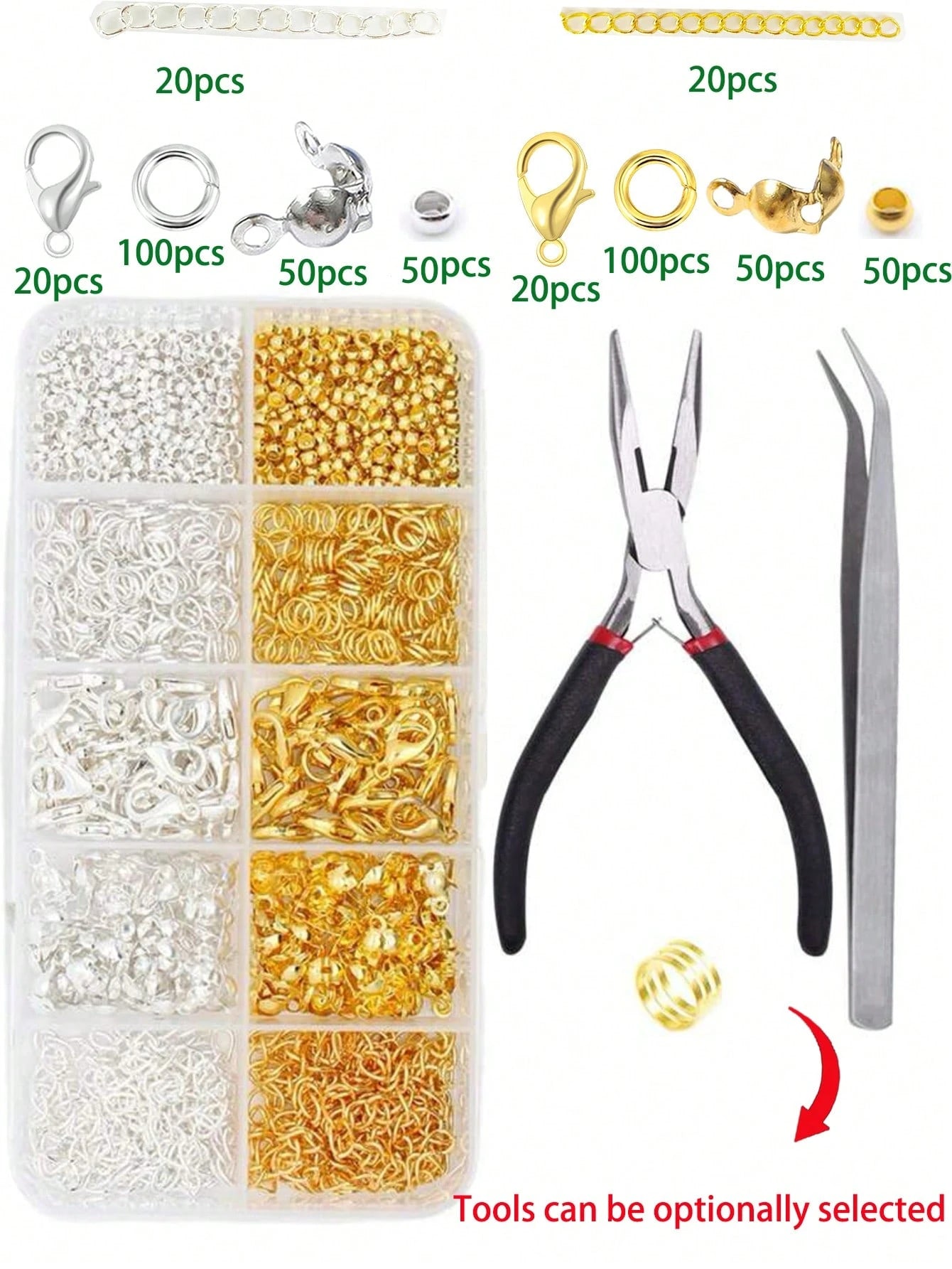 1 Box Gold & Silver Tone Jump Rings, Lobster Clasps, Tail Chains, Positioning Beads, Optional 1 Pliers, 1 Tweezers, 1 DIY Jewelry Making Materials Jump Rings