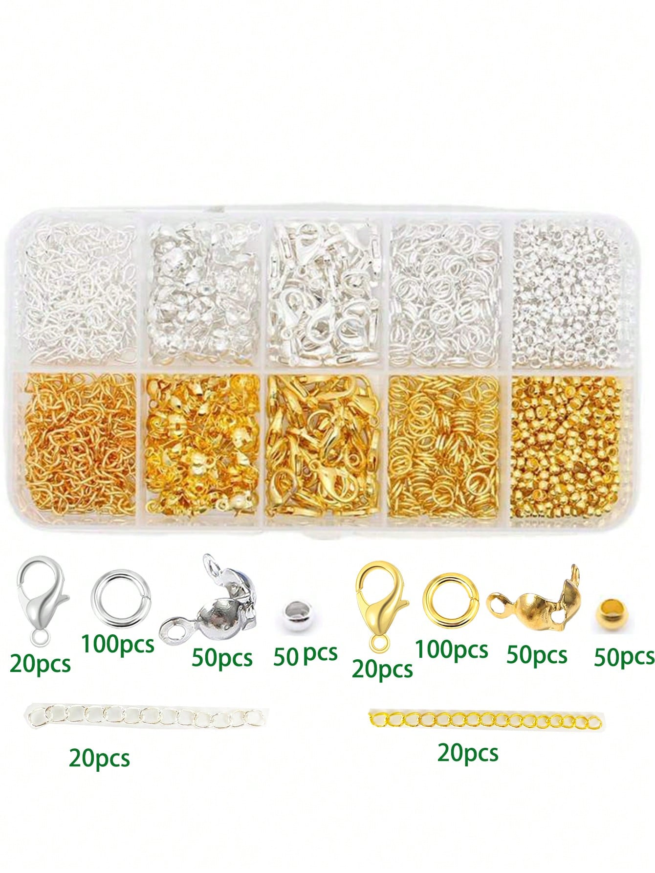 1 Box Gold & Silver Tone Jump Rings, Lobster Clasps, Tail Chains, Positioning Beads, Optional 1 Pliers, 1 Tweezers, 1 DIY Jewelry Making Materials Jump Rings