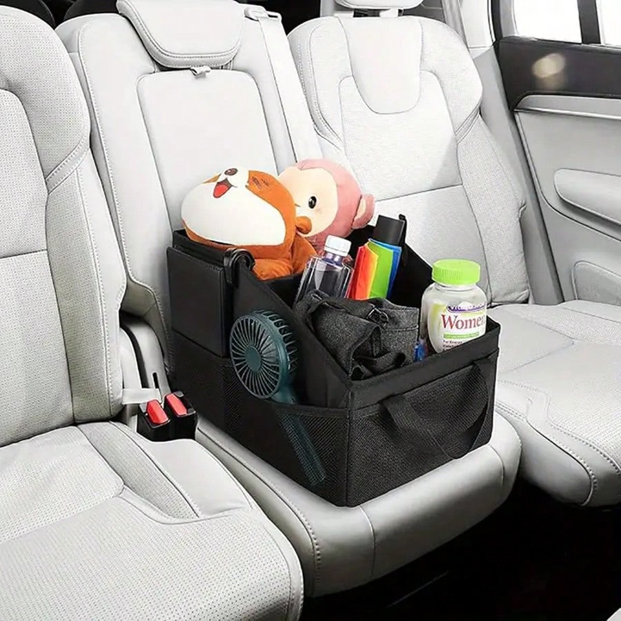 1 Car Storage Bag, Suitable For Front Seats And Floor- Durable Polyester Fabric With Multiple Compartments, Mesh Pockets, Handles, And Zippered Pockets Automatic Storage Space For Travel Essentials