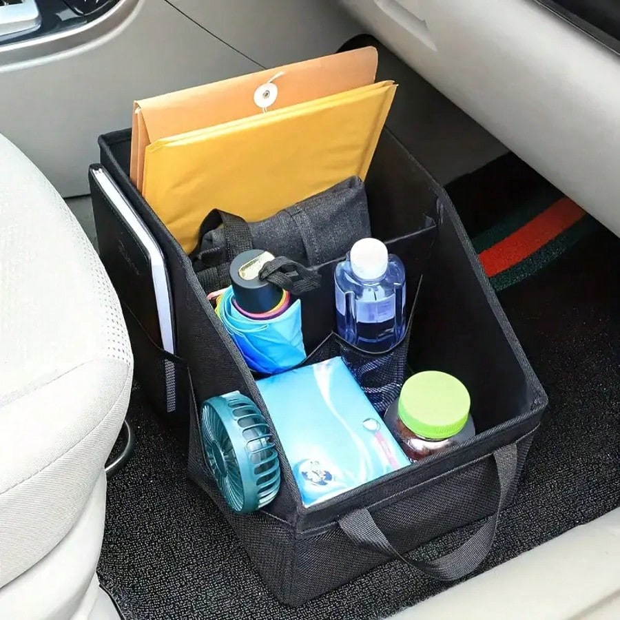1 Car Storage Bag, Suitable For Front Seats And Floor- Durable Polyester Fabric With Multiple Compartments, Mesh Pockets, Handles, And Zippered Pockets Automatic Storage Space For Travel Essentials