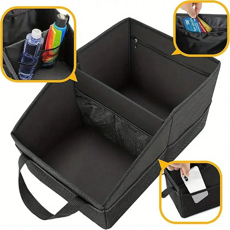 1 Car Storage Bag, Suitable For Front Seats And Floor- Durable Polyester Fabric With Multiple Compartments, Mesh Pockets, Handles, And Zippered Pockets Automatic Storage Space For Travel Essentials