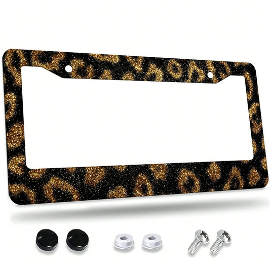 1 Leopard Print Gold Glitter License Plate Frame, Aluminum Alloy Car Decorative License Plate Cover- Rust-Proof, Noise-Reducing, Weather-Resistant Bracket, Suitable For US Standard Vehicles