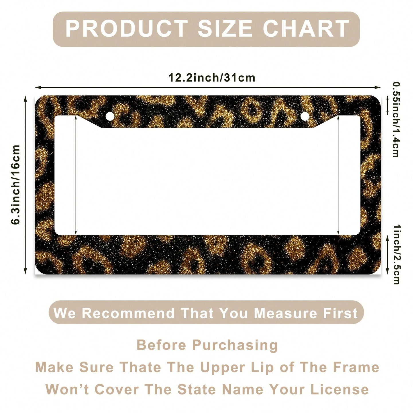1 Leopard Print Gold Glitter License Plate Frame, Aluminum Alloy Car Decorative License Plate Cover- Rust-Proof, Noise-Reducing, Weather-Resistant Bracket, Suitable For US Standard Vehicles