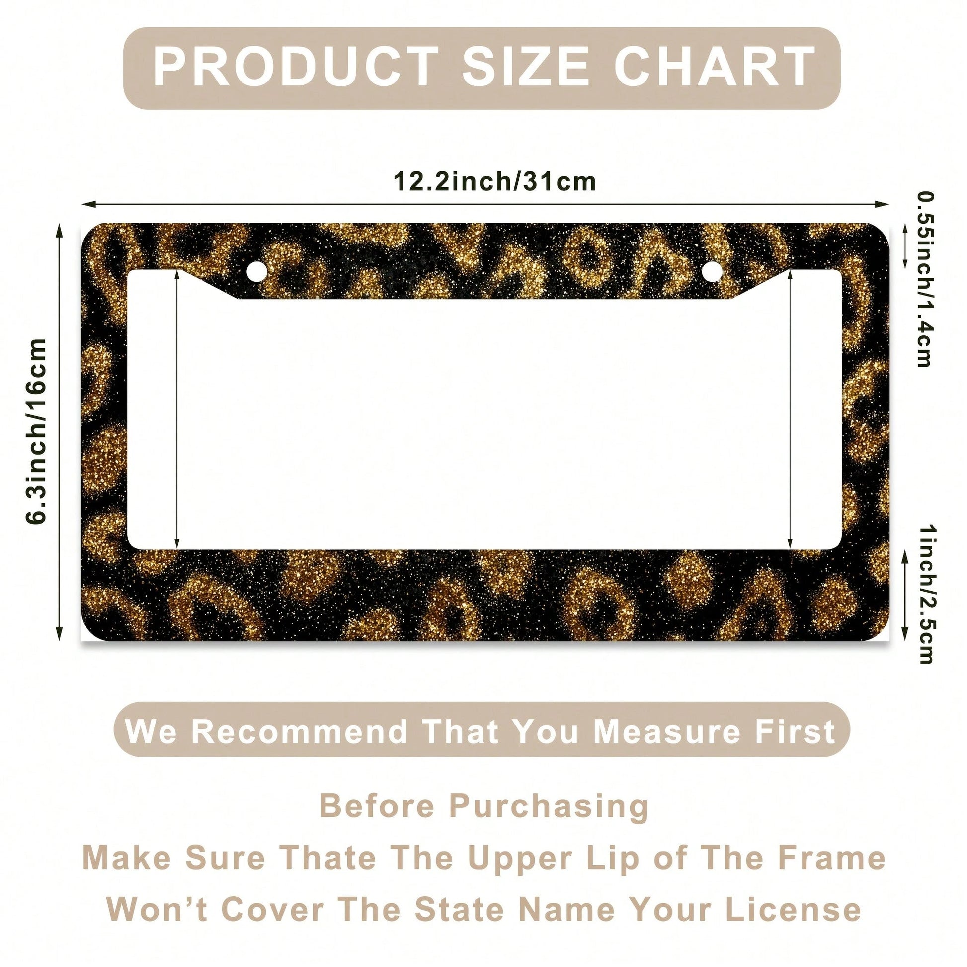1 Leopard Print Gold Glitter License Plate Frame, Aluminum Alloy Car Decorative License Plate Cover- Rust-Proof, Noise-Reducing, Weather-Resistant Bracket, Suitable For US Standard Vehicles