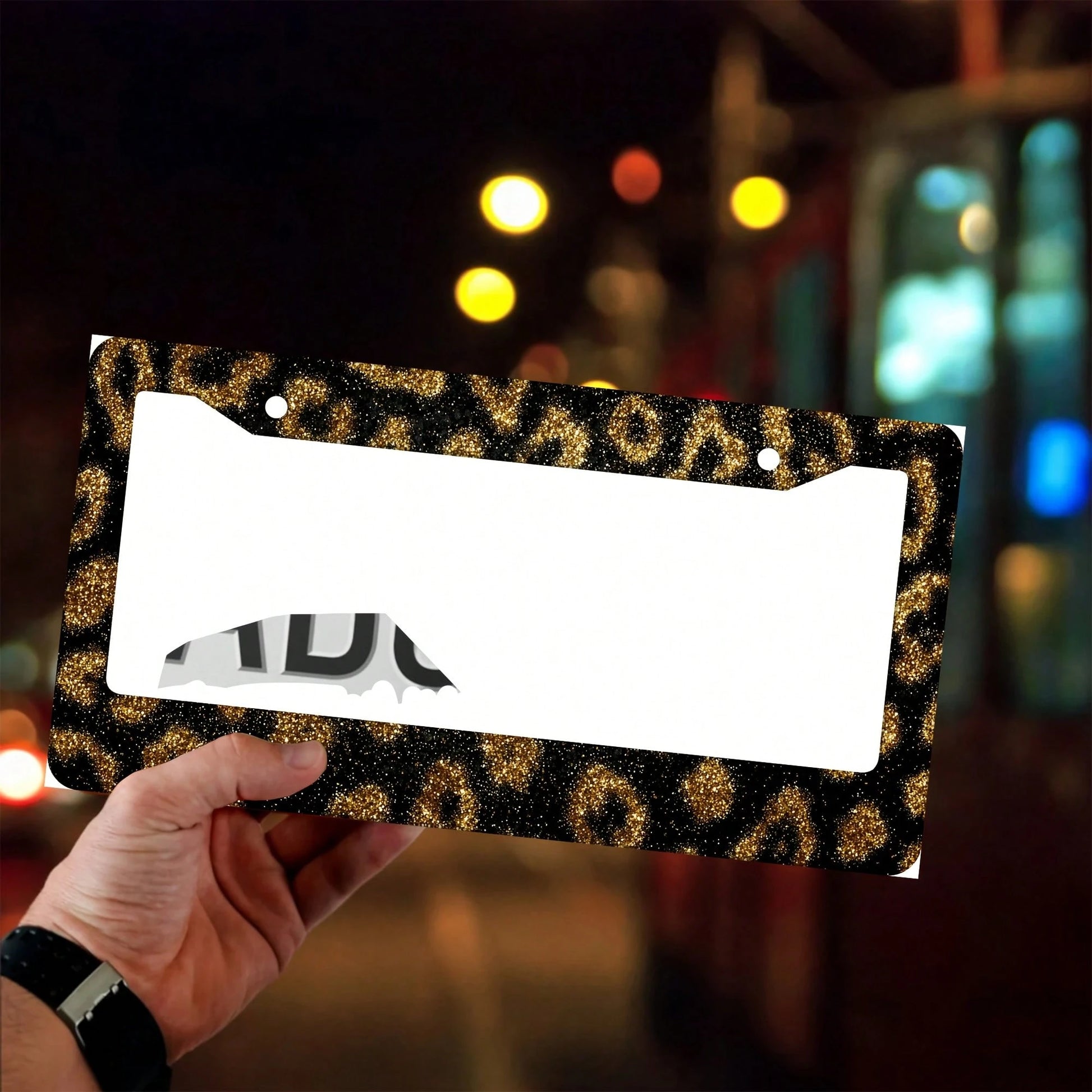 1 Leopard Print Gold Glitter License Plate Frame, Aluminum Alloy Car Decorative License Plate Cover- Rust-Proof, Noise-Reducing, Weather-Resistant Bracket, Suitable For US Standard Vehicles