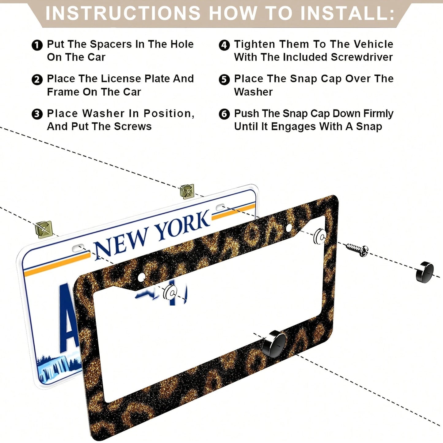 1 Leopard Print Gold Glitter License Plate Frame, Aluminum Alloy Car Decorative License Plate Cover- Rust-Proof, Noise-Reducing, Weather-Resistant Bracket, Suitable For US Standard Vehicles