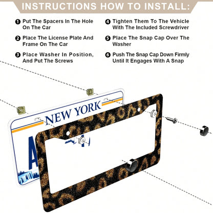 1 Leopard Print Gold Glitter License Plate Frame, Aluminum Alloy Car Decorative License Plate Cover- Rust-Proof, Noise-Reducing, Weather-Resistant Bracket, Suitable For US Standard Vehicles