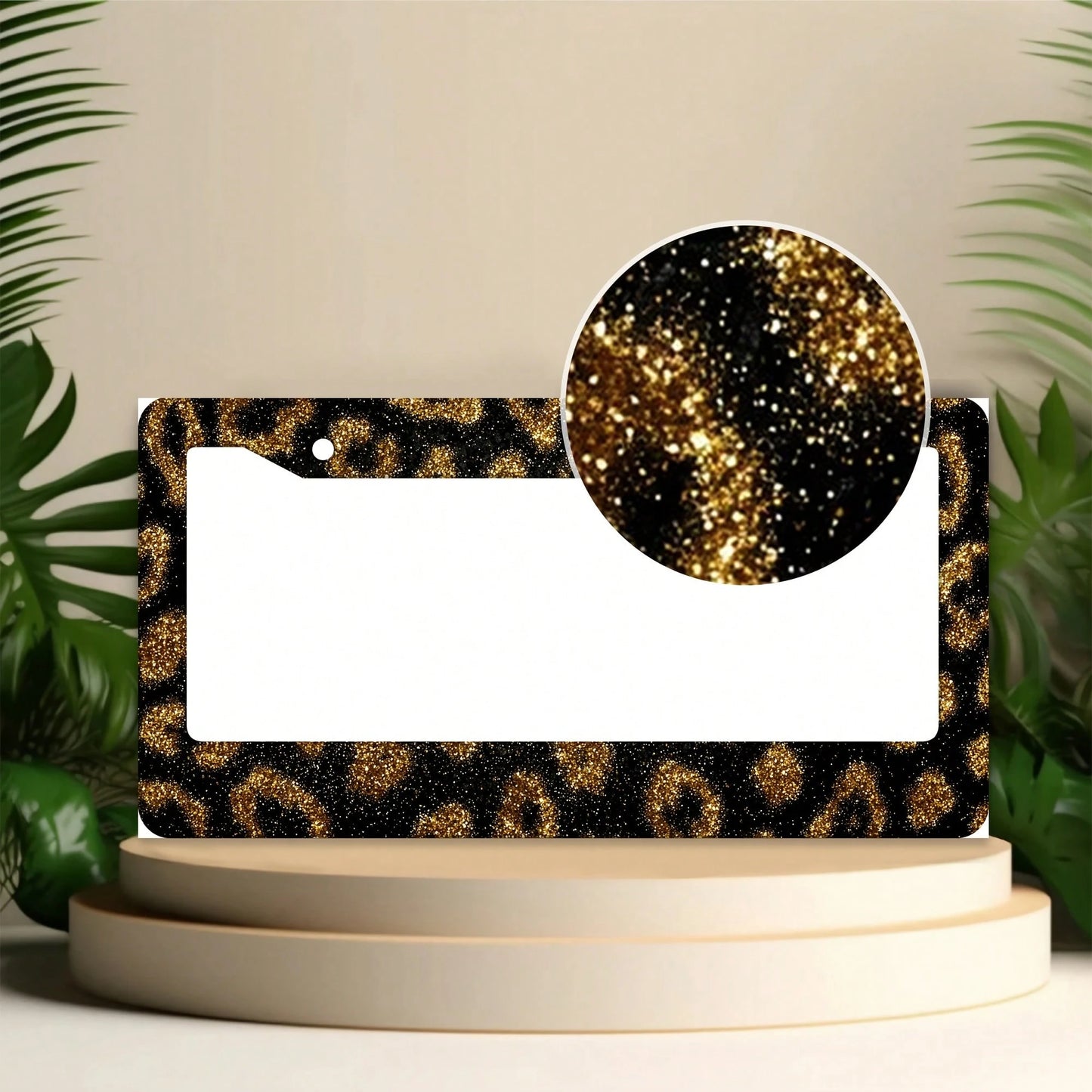 1 Leopard Print Gold Glitter License Plate Frame, Aluminum Alloy Car Decorative License Plate Cover- Rust-Proof, Noise-Reducing, Weather-Resistant Bracket, Suitable For US Standard Vehicles