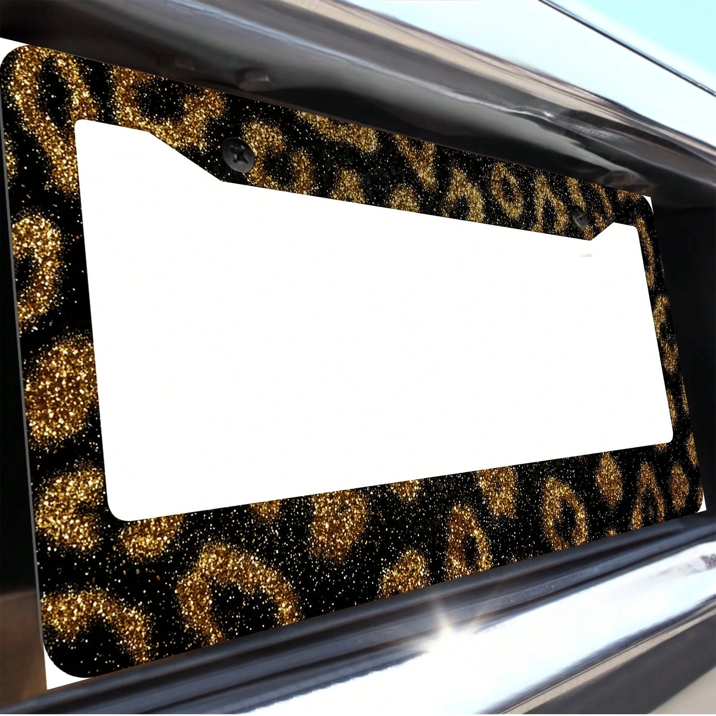 1 Leopard Print Gold Glitter License Plate Frame, Aluminum Alloy Car Decorative License Plate Cover- Rust-Proof, Noise-Reducing, Weather-Resistant Bracket, Suitable For US Standard Vehicles