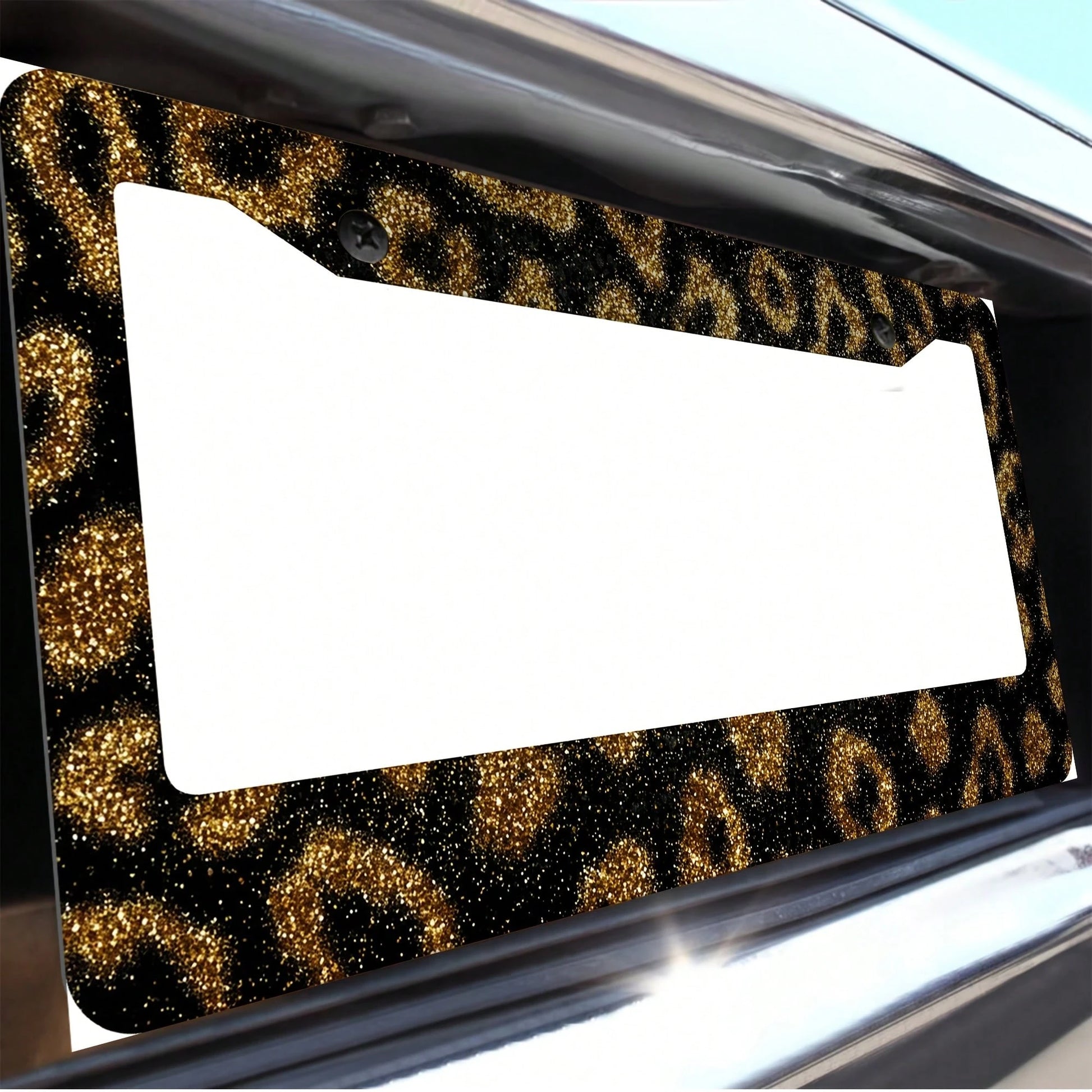 1 Leopard Print Gold Glitter License Plate Frame, Aluminum Alloy Car Decorative License Plate Cover- Rust-Proof, Noise-Reducing, Weather-Resistant Bracket, Suitable For US Standard Vehicles