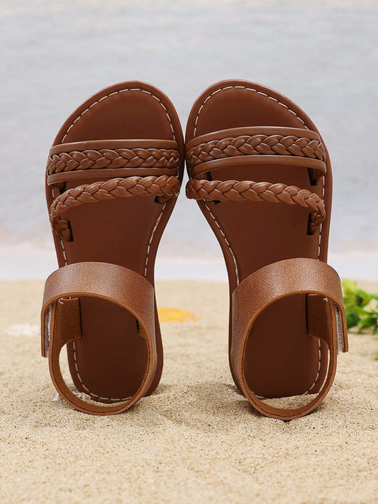 1 Pair Girls' Woven Roman Sandals, Round Toe, Thick Elastic Band Design, Flat Comfortable, Suitable For Summer Casual, Beach, Vacation, Outdoor Activities