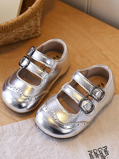 1 Pair Infant Toddler Brogue Mary Jane Shoes With Double Buckle Soft Sole Princess Style Vintage Carved Versatile Academy Casual Kids Shoes