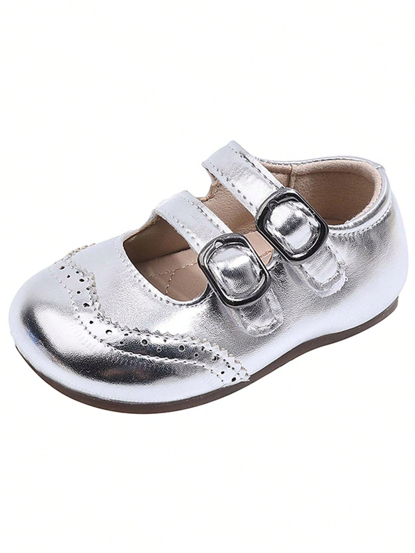 1 Pair Infant Toddler Brogue Mary Jane Shoes With Double Buckle Soft Sole Princess Style Vintage Carved Versatile Academy Casual Kids Shoes