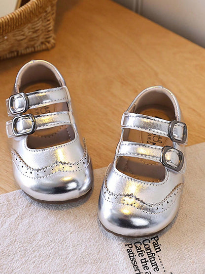 1 Pair Infant Toddler Brogue Mary Jane Shoes With Double Buckle Soft Sole Princess Style Vintage Carved Versatile Academy Casual Kids Shoes