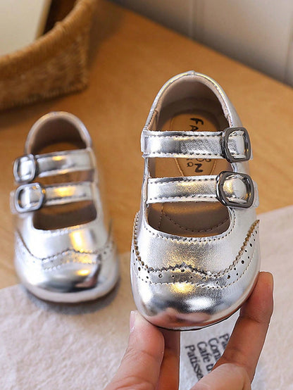 1 Pair Infant Toddler Brogue Mary Jane Shoes With Double Buckle Soft Sole Princess Style Vintage Carved Versatile Academy Casual Kids Shoes