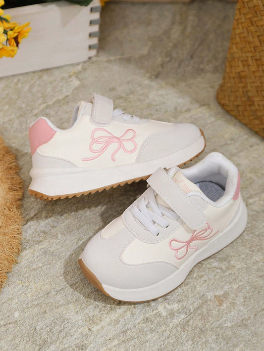 1 Pair New Kids Girls Cute Versatile Bowknot Chunky Sneakers, Casual Soft Sole White Shoes For Toddlers