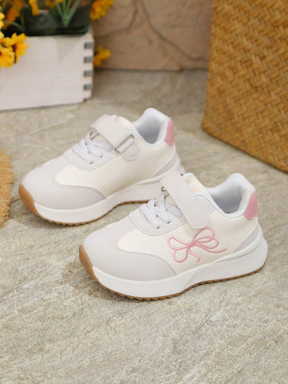 1 Pair New Kids Girls Cute Versatile Bowknot Chunky Sneakers, Casual Soft Sole White Shoes For Toddlers