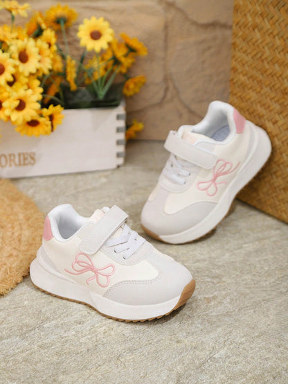 1 Pair New Kids Girls Cute Versatile Bowknot Chunky Sneakers, Casual Soft Sole White Shoes For Toddlers