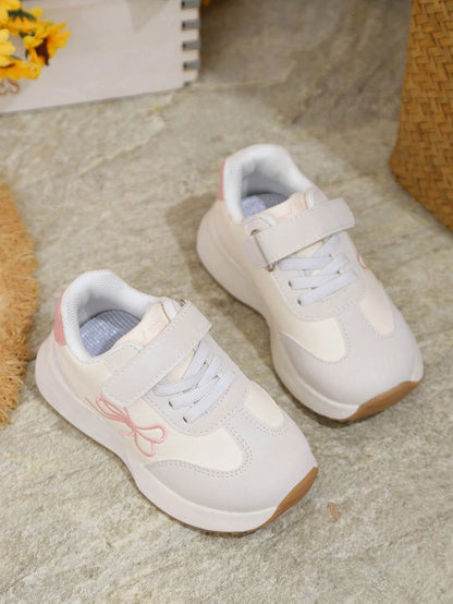 1 Pair New Kids Girls Cute Versatile Bowknot Chunky Sneakers, Casual Soft Sole White Shoes For Toddlers