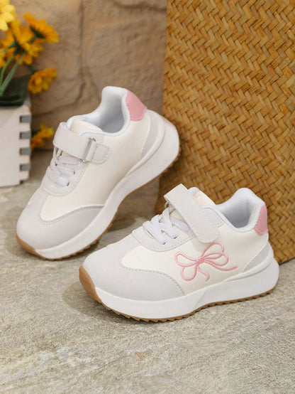 1 Pair New Kids Girls Cute Versatile Bowknot Chunky Sneakers, Casual Soft Sole White Shoes For Toddlers