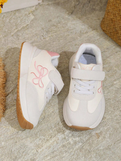 1 Pair New Kids Girls Cute Versatile Bowknot Chunky Sneakers, Casual Soft Sole White Shoes For Toddlers