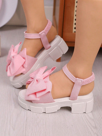 1 Pair New Summer Fashion High Heel Sandals, Designed For Girls, With Soft And Thick Soles, Decorated With Bow Tie. Lace-Up Design To Prevent Slipping Off. Suitable For Princesses Aged 3-15 To Wear On