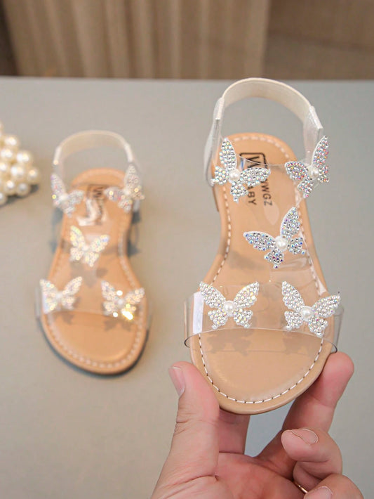 1 Pair Of Fashionable, Shiny Girl Butterfly Decorated Sparkling Rhinestone Transparent Flat Sandals, Fairy Style, Very Suitable For Summer Wear.