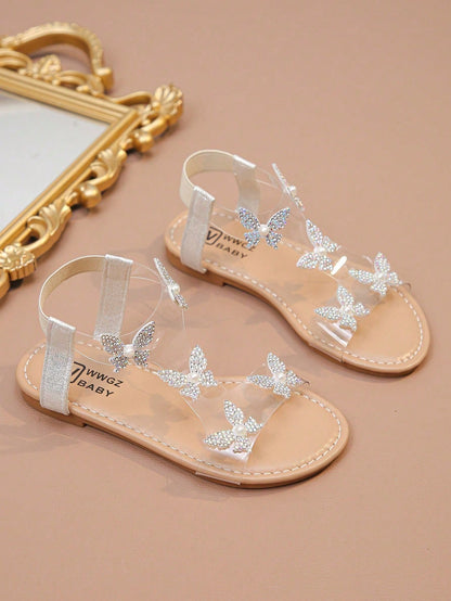 1 Pair Of Fashionable, Shiny Girl Butterfly Decorated Sparkling Rhinestone Transparent Flat Sandals, Fairy Style, Very Suitable For Summer Wear.