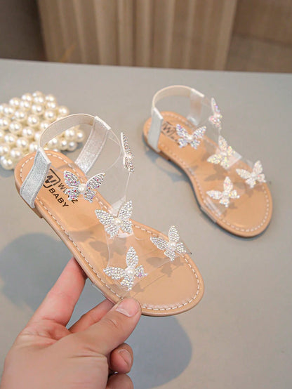 1 Pair Of Fashionable, Shiny Girl Butterfly Decorated Sparkling Rhinestone Transparent Flat Sandals, Fairy Style, Very Suitable For Summer Wear.