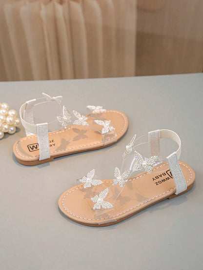 1 Pair Of Fashionable, Shiny Girl Butterfly Decorated Sparkling Rhinestone Transparent Flat Sandals, Fairy Style, Very Suitable For Summer Wear.