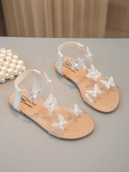 1 Pair Of Fashionable, Shiny Girl Butterfly Decorated Sparkling Rhinestone Transparent Flat Sandals, Fairy Style, Very Suitable For Summer Wear.