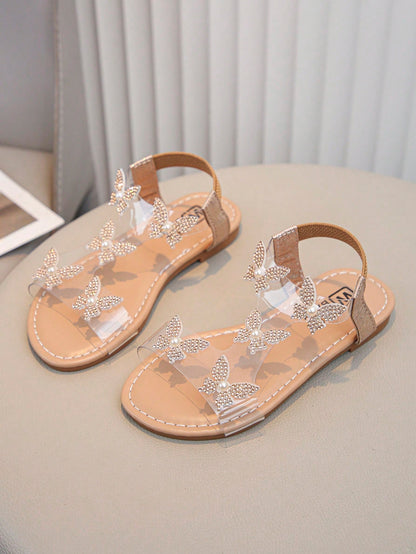 1 Pair Of Fashionable, Shiny Girl Butterfly Decorated Sparkling Rhinestone Transparent Flat Sandals, Fairy Style, Very Suitable For Summer Wear.