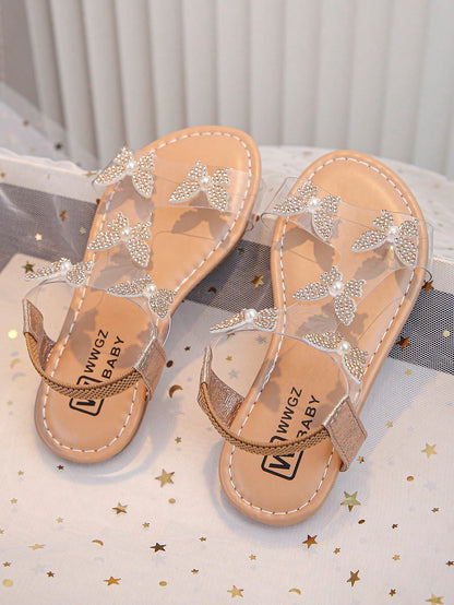 1 Pair Of Fashionable, Shiny Girl Butterfly Decorated Sparkling Rhinestone Transparent Flat Sandals, Fairy Style, Very Suitable For Summer Wear.