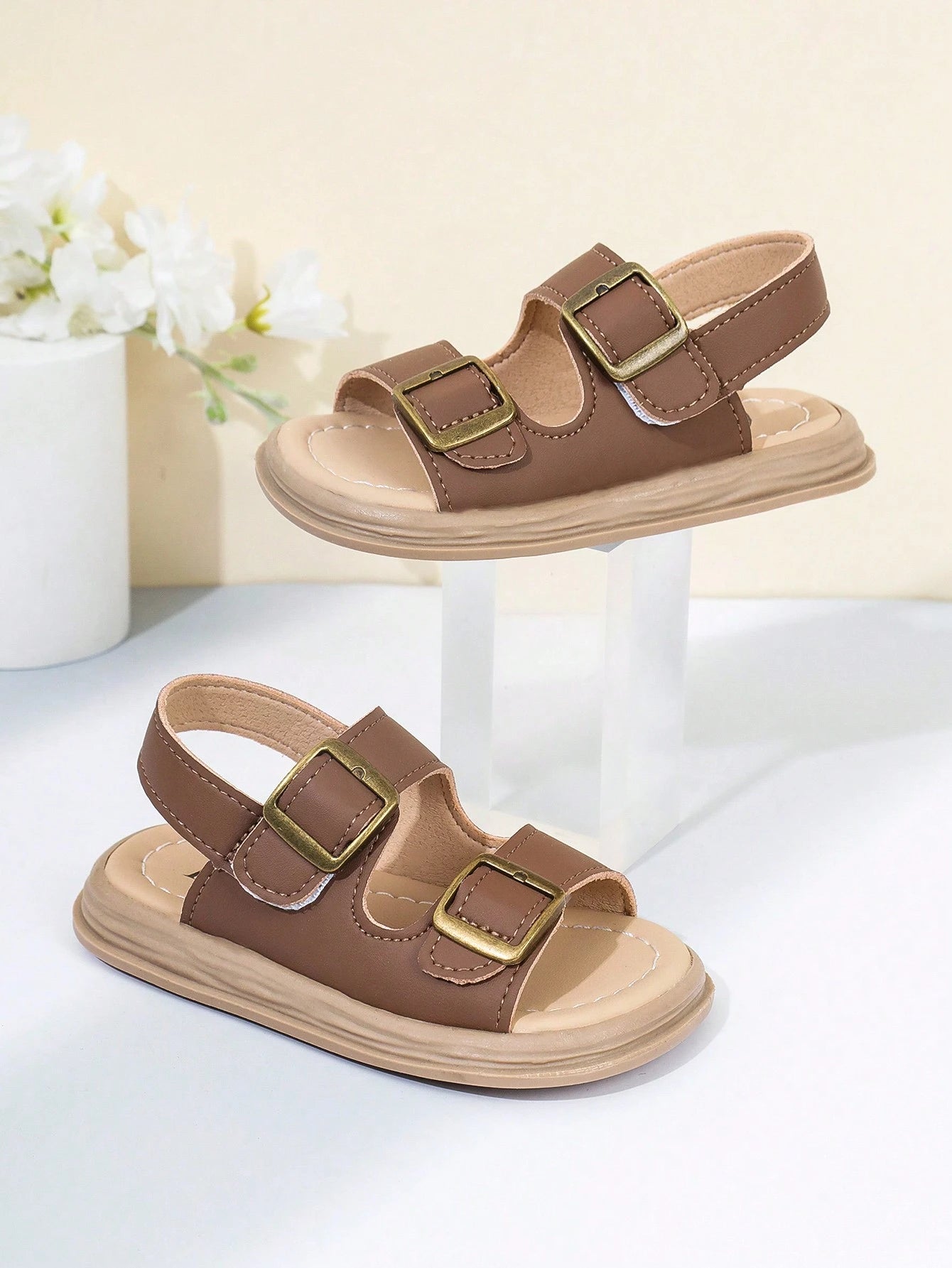 1 Pair Of Unisex Children Sandals With Double Hooks And Loops, PU Anti-Slip Sole, Open Toe, Low Cut Design And 2 Adjustable Straps With Heel For Sports And Beach, Suitable For Various Occasions In Sum