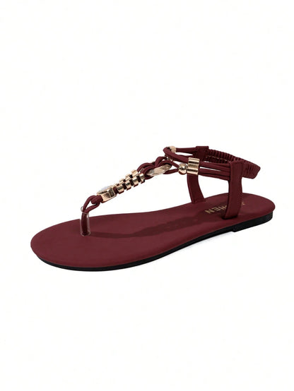 1 Pair Summer Casual Slip-On Beaded Sandals, Comfortable Flat Toe-Exposed Shoes For Teenagers