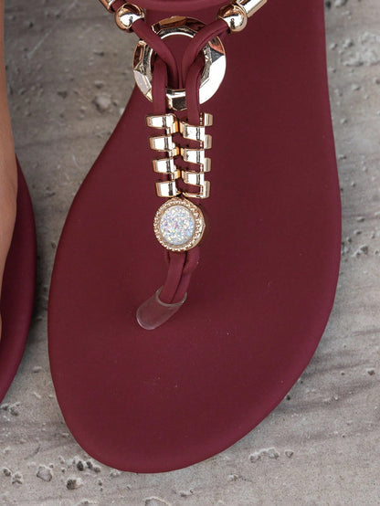 1 Pair Summer Casual Slip-On Beaded Sandals, Comfortable Flat Toe-Exposed Shoes For Teenagers