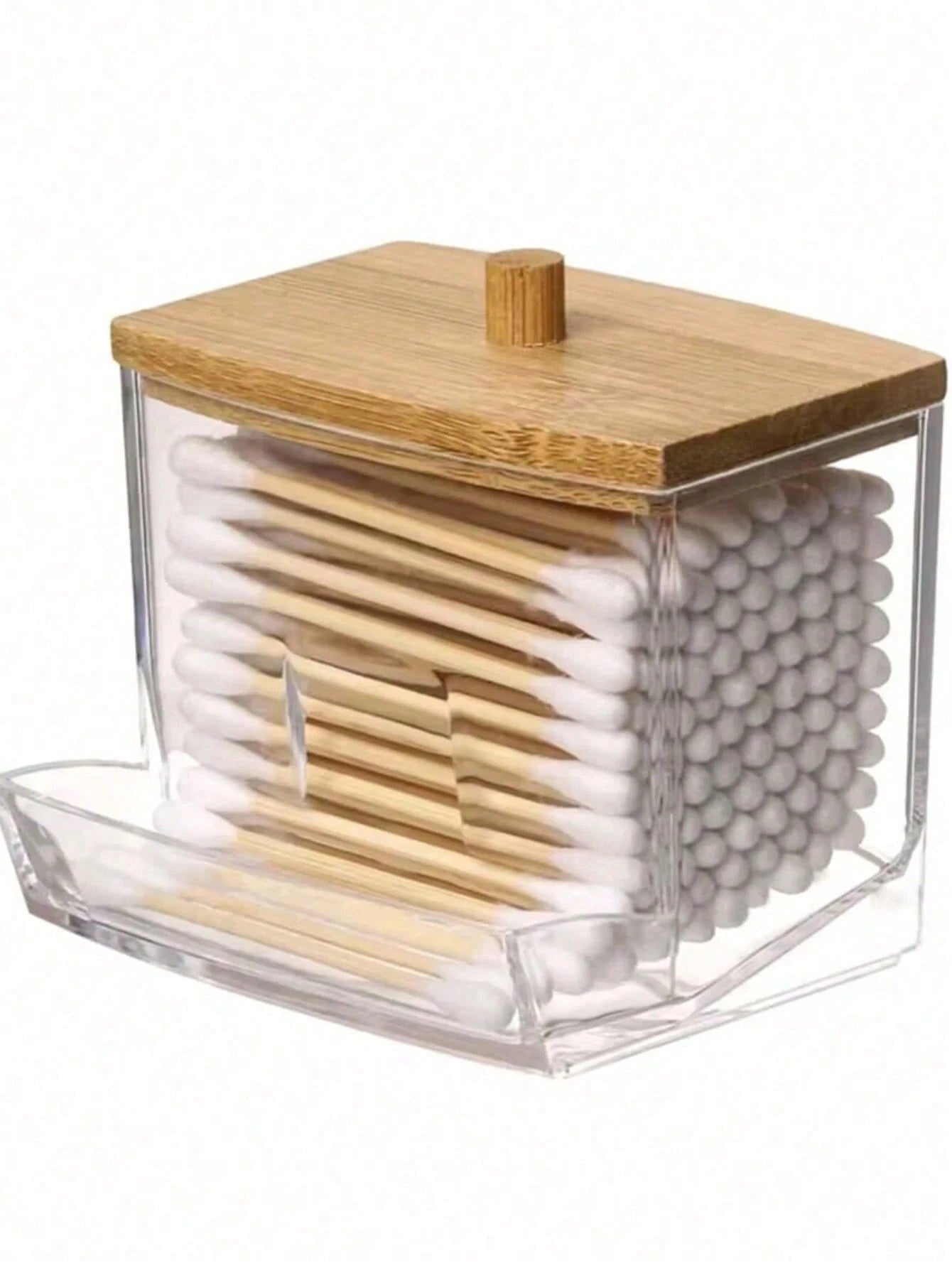 1 Pc Acrylic Qtip Holder With Bamboo Lid, Clear Small Swab Dispenser, Toothpick Storage Container, Bathroom Countertop Decorative Storage Organizer