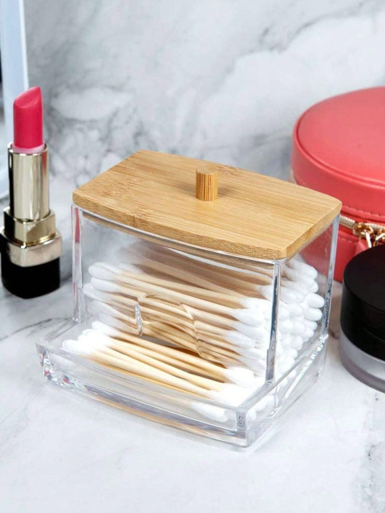 1 Pc Acrylic Qtip Holder With Bamboo Lid, Clear Small Swab Dispenser, Toothpick Storage Container, Bathroom Countertop Decorative Storage Organizer