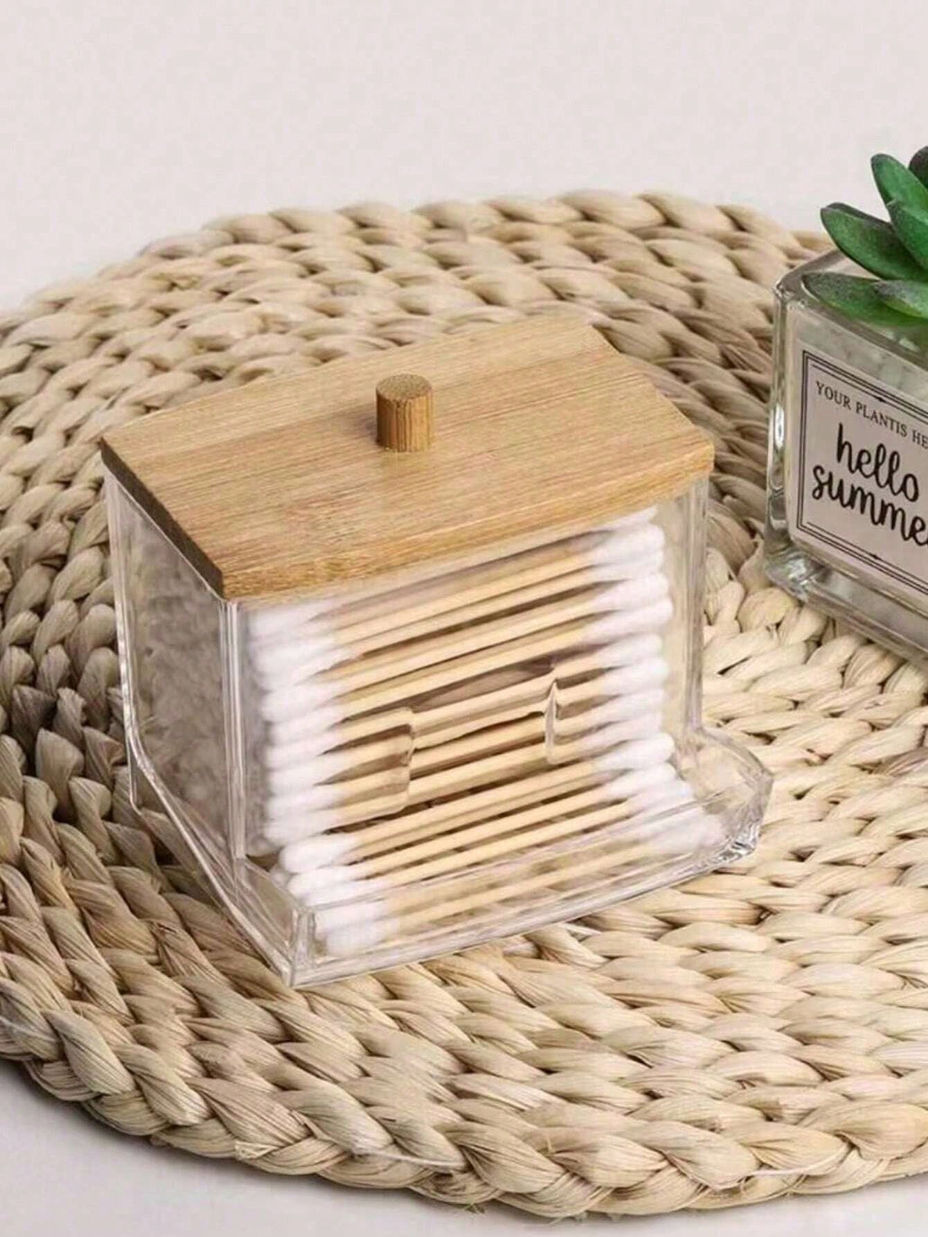 1 Pc Acrylic Qtip Holder With Bamboo Lid, Clear Small Swab Dispenser, Toothpick Storage Container, Bathroom Countertop Decorative Storage Organizer