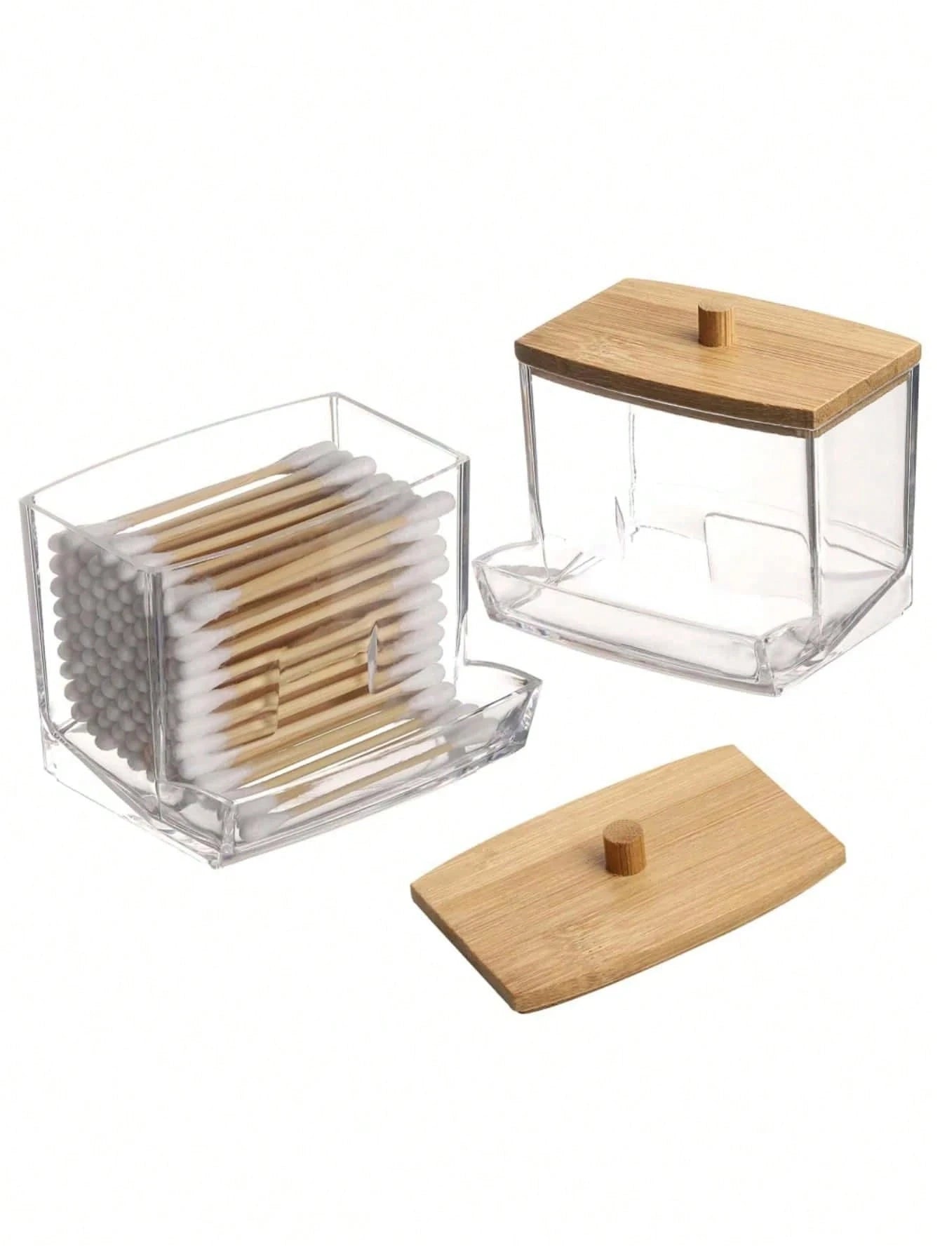 1 Pc Acrylic Qtip Holder With Bamboo Lid, Clear Small Swab Dispenser, Toothpick Storage Container, Bathroom Countertop Decorative Storage Organizer
