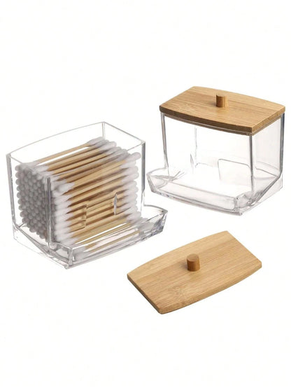 1 Pc Acrylic Qtip Holder With Bamboo Lid, Clear Small Swab Dispenser, Toothpick Storage Container, Bathroom Countertop Decorative Storage Organizer