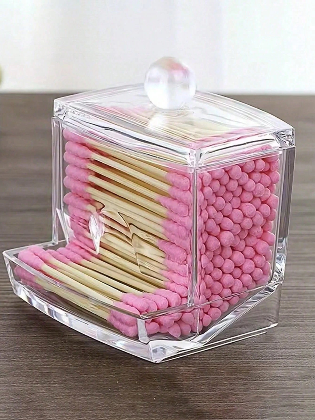 1 Pc Acrylic Qtip Holder With Bamboo Lid, Clear Small Swab Dispenser, Toothpick Storage Container, Bathroom Countertop Decorative Storage Organizer