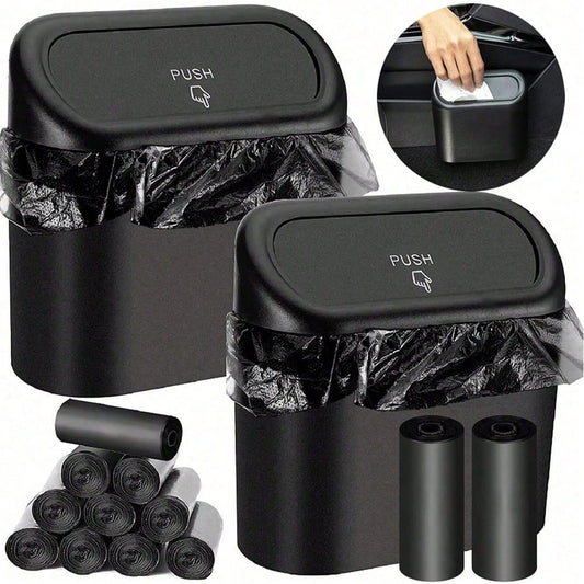 1 Pc Car Trash Can + 1 Roll (15 Sheets) Trash Bags + 2 Pcs Car Hooks, Mini Car Trash Can, Garbage Can Organizer Box, Suitable For Front/Rear Seats- Car, Office, Home Accessories. Mini Car Trash Can