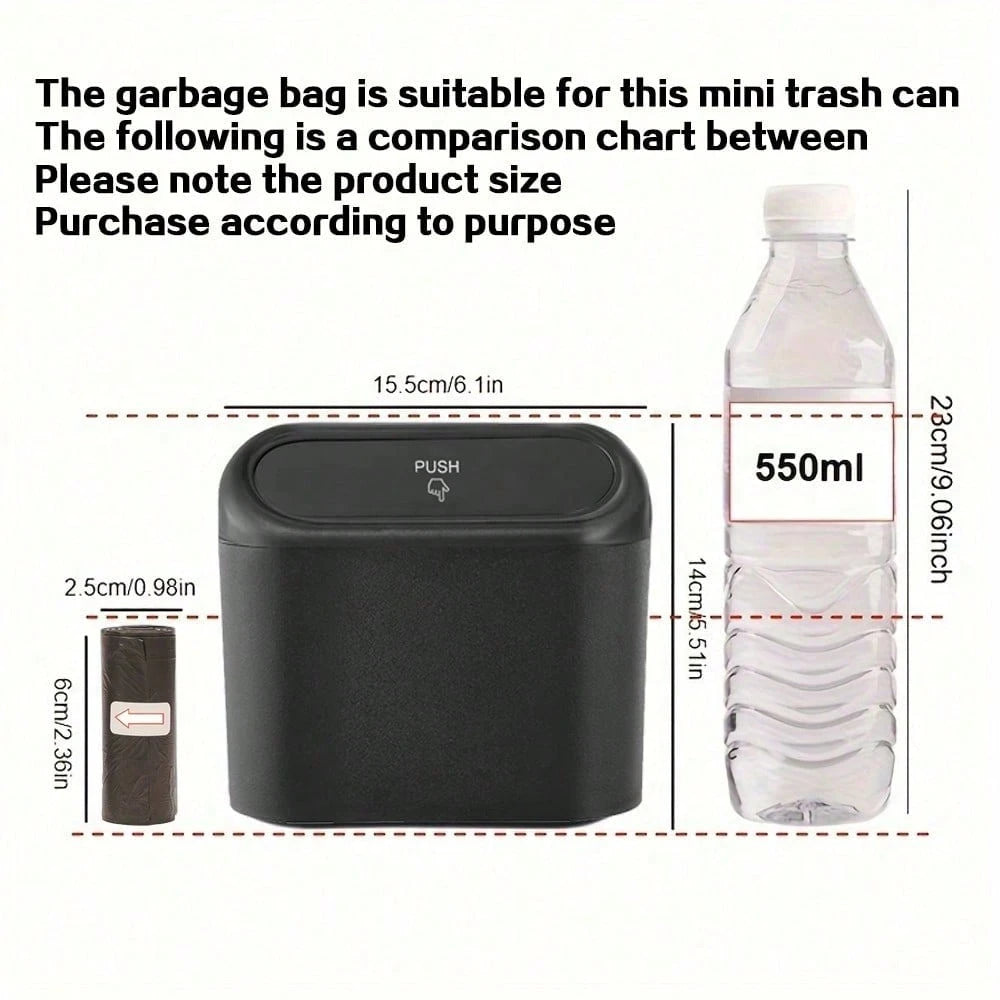 1 Pc Car Trash Can + 1 Roll (15 Sheets) Trash Bags + 2 Pcs Car Hooks, Mini Car Trash Can, Garbage Can Organizer Box, Suitable For Front/Rear Seats- Car, Office, Home Accessories. Mini Car Trash Can