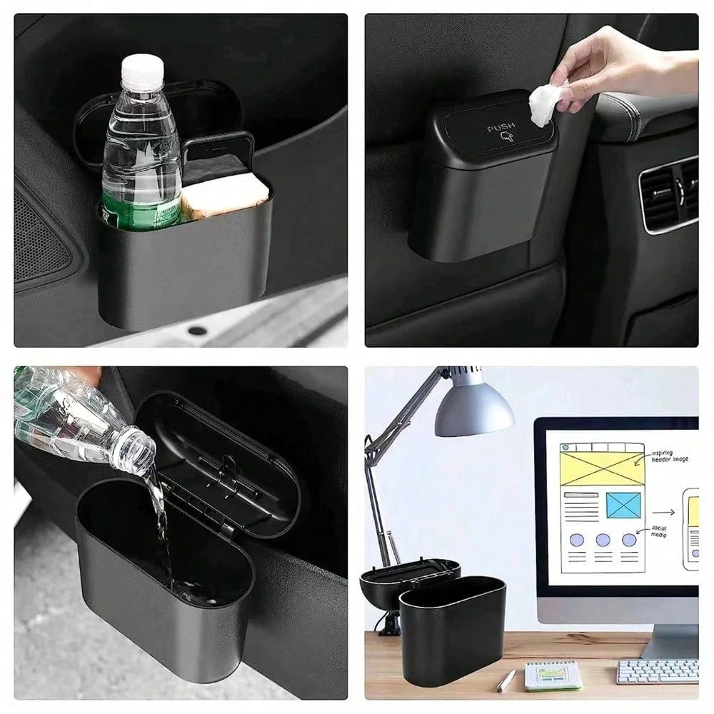 1 Pc Car Trash Can + 1 Roll (15 Sheets) Trash Bags + 2 Pcs Car Hooks, Mini Car Trash Can, Garbage Can Organizer Box, Suitable For Front/Rear Seats- Car, Office, Home Accessories. Mini Car Trash Can