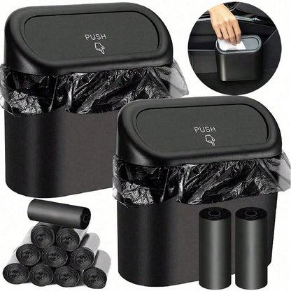 1 Pc Car Trash Can + 1 Roll (15 Sheets) Trash Bags + 2 Pcs Car Hooks, Mini Car Trash Can, Garbage Can Organizer Box, Suitable For Front/Rear Seats- Car, Office, Home Accessories. Mini Car Trash Can