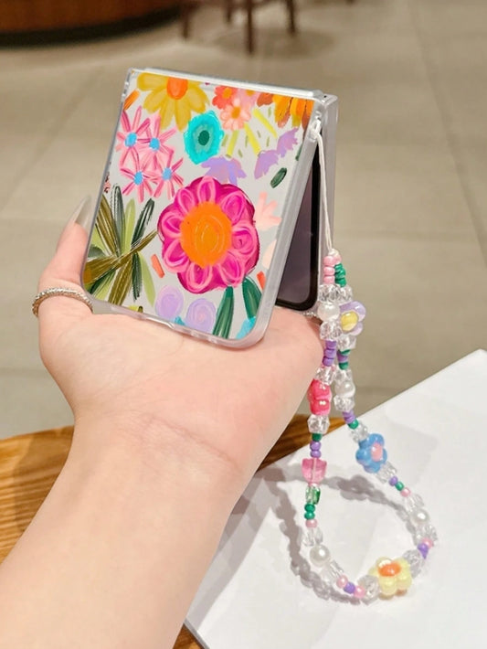 1 PC Of Fashionable And Simple Frosted PC Material With Colorful Flower Elementsfolding Phone Case, Paired With A Same Color Bracelet, Can Protect And Prevent Falling: SamsungGalaxy Zflip 3/Zflip 4/Zf